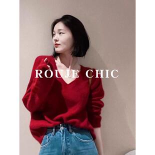 法国rouje chic法式本命年红色V领套头毛衣女秋冬气质内搭针织衫