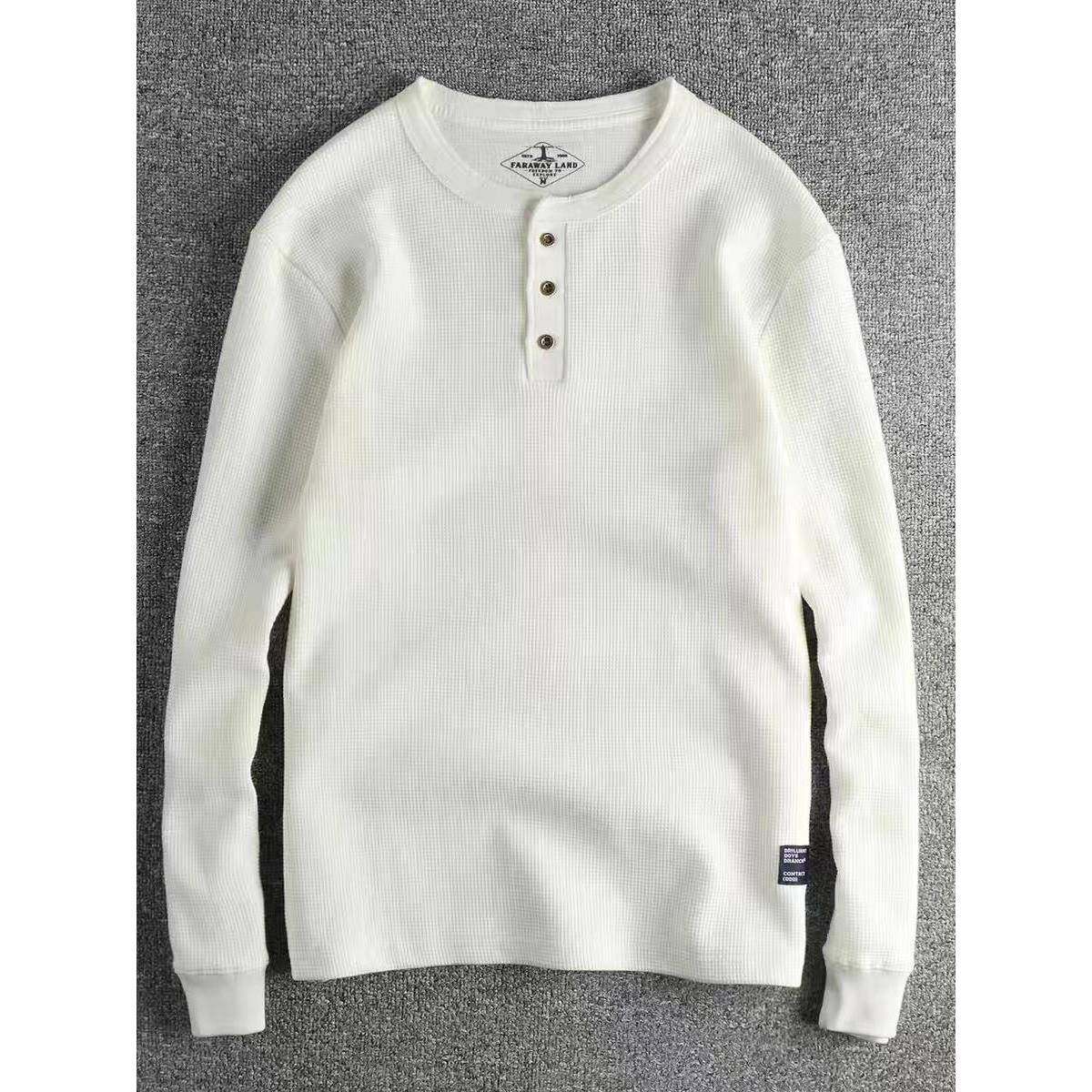 代购香港潮男春秋美式华夫格面料亨利领长袖T恤男休闲套头打底衫