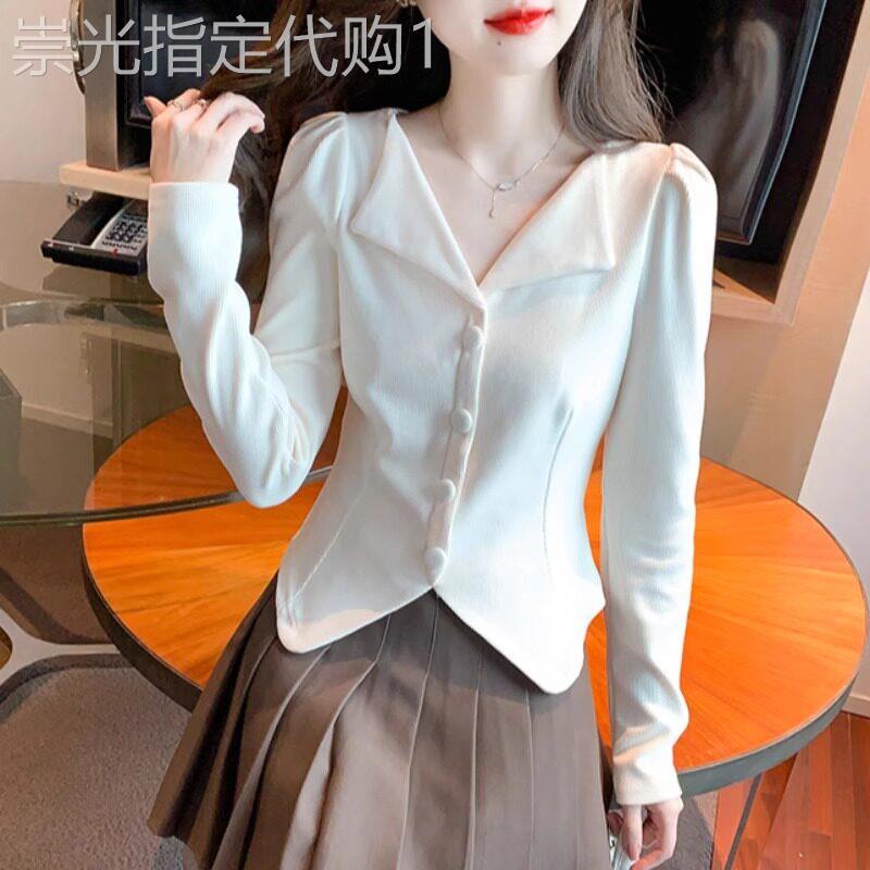 潮牌法式v领长袖衬衫女春秋季新款独特别致上衣短款洋气卡腰小衫