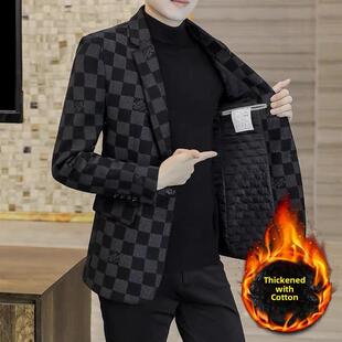 休闲西服男冬季新款加棉加厚印花小西装韩版修身帅气格子单西外套