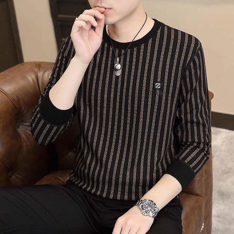 高端品牌竖条纹卫衣男春秋季休闲男士圆领长袖t恤内搭毛衣打底衫