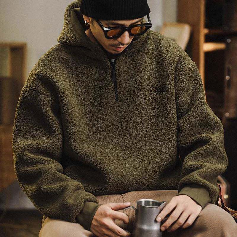 法国高端进口品牌羊羔绒连帽卫衣男秋冬新款加绒加厚刺绣休闲衣服