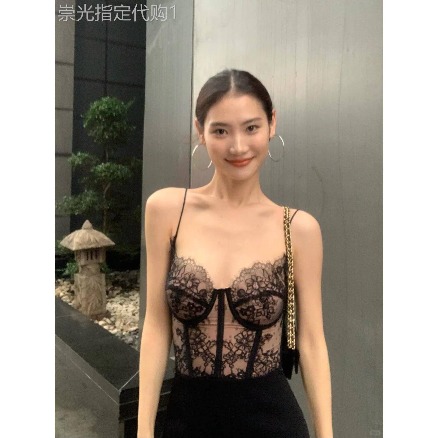 黑色蕾丝鱼骨胸衣吊带背心女夏纯欲性感辣妹文胸一体美背外穿上衣