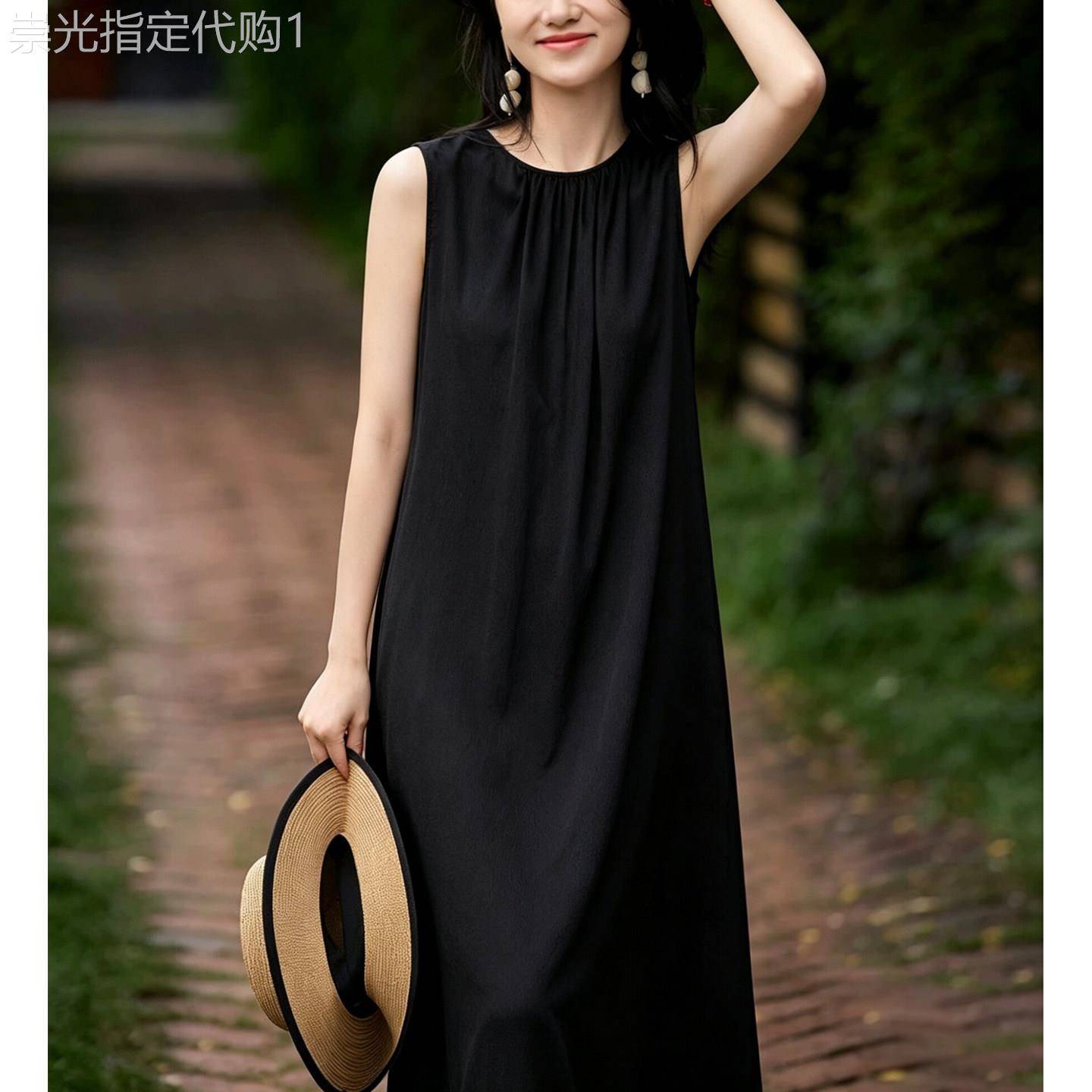 高端轻奢黑色珍珠缎桑蚕丝背心连衣裙女夏圆领无袖休闲真丝中长裙