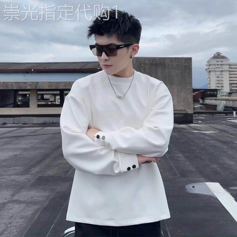白色长袖T恤男款春秋季双扣设计感痞帅上衣2025新款重磅内搭卫衣