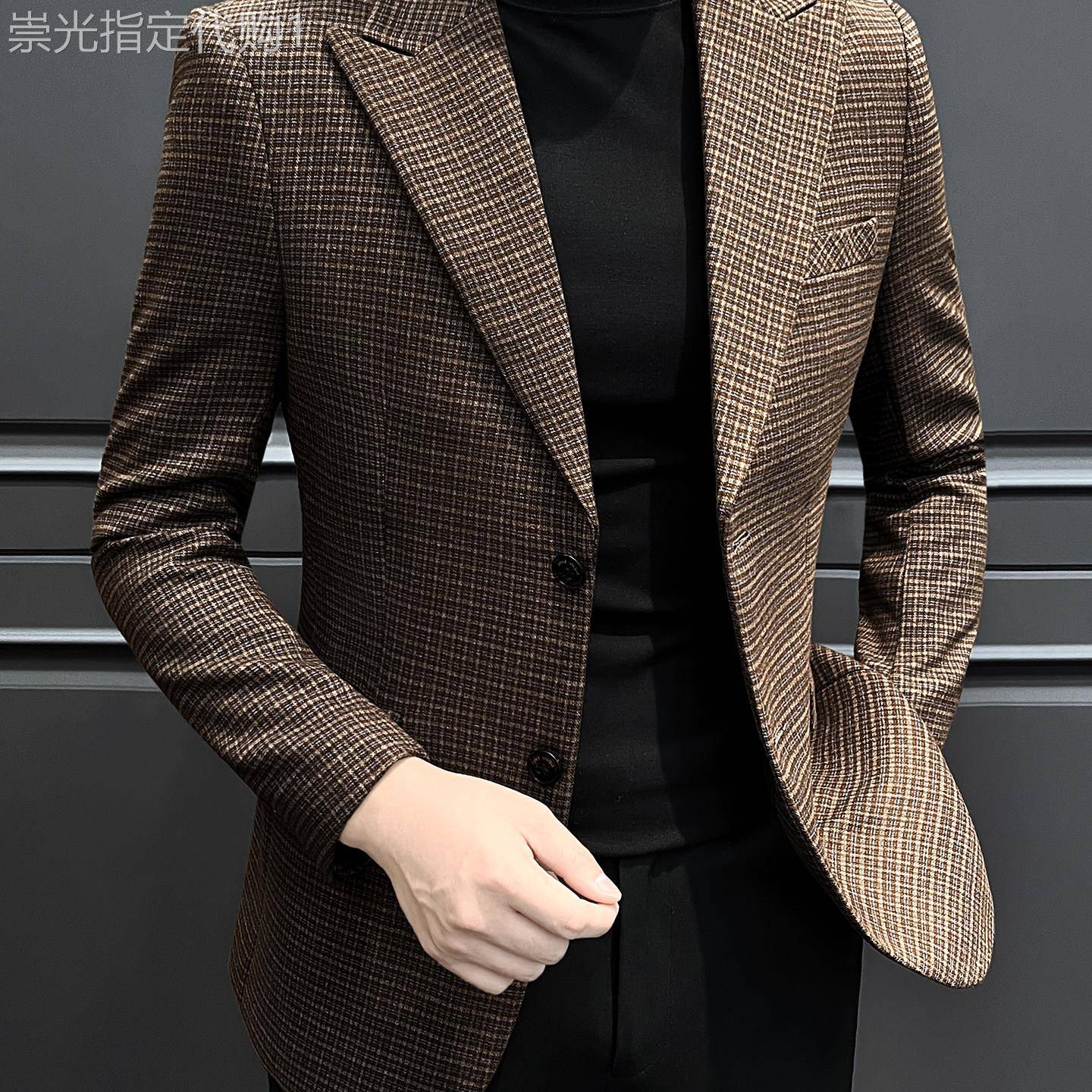韩版修身西装外套男士2026新款单西上衣服帅气细格子商务休闲西服