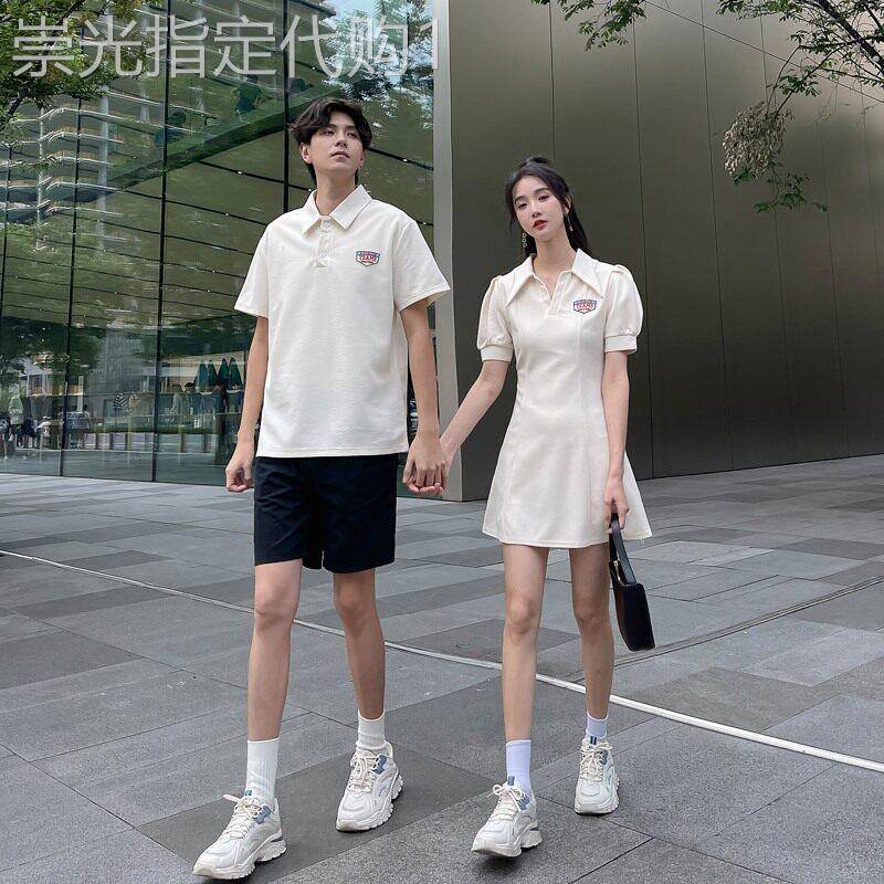 一裙一衣情侣装2025新款潮流翻领连衣裙女设计感小众短袖polo衫男