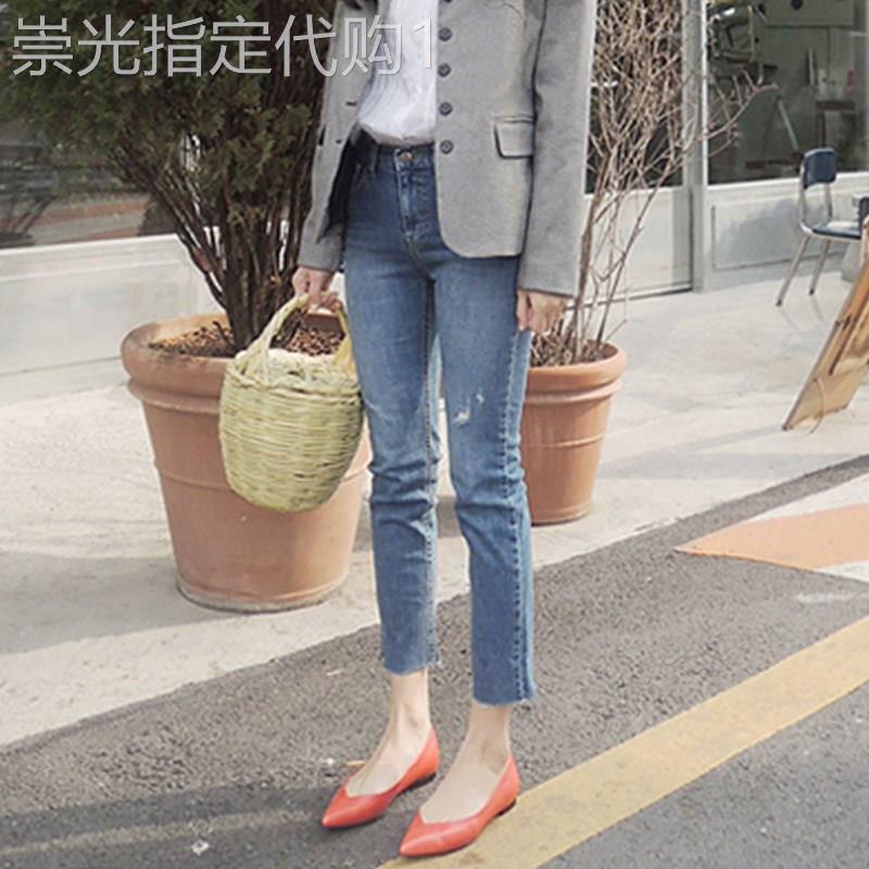 浅蓝直筒牛仔裤子女春秋破洞高腰2026新款烟管裤显瘦八分九分夏季