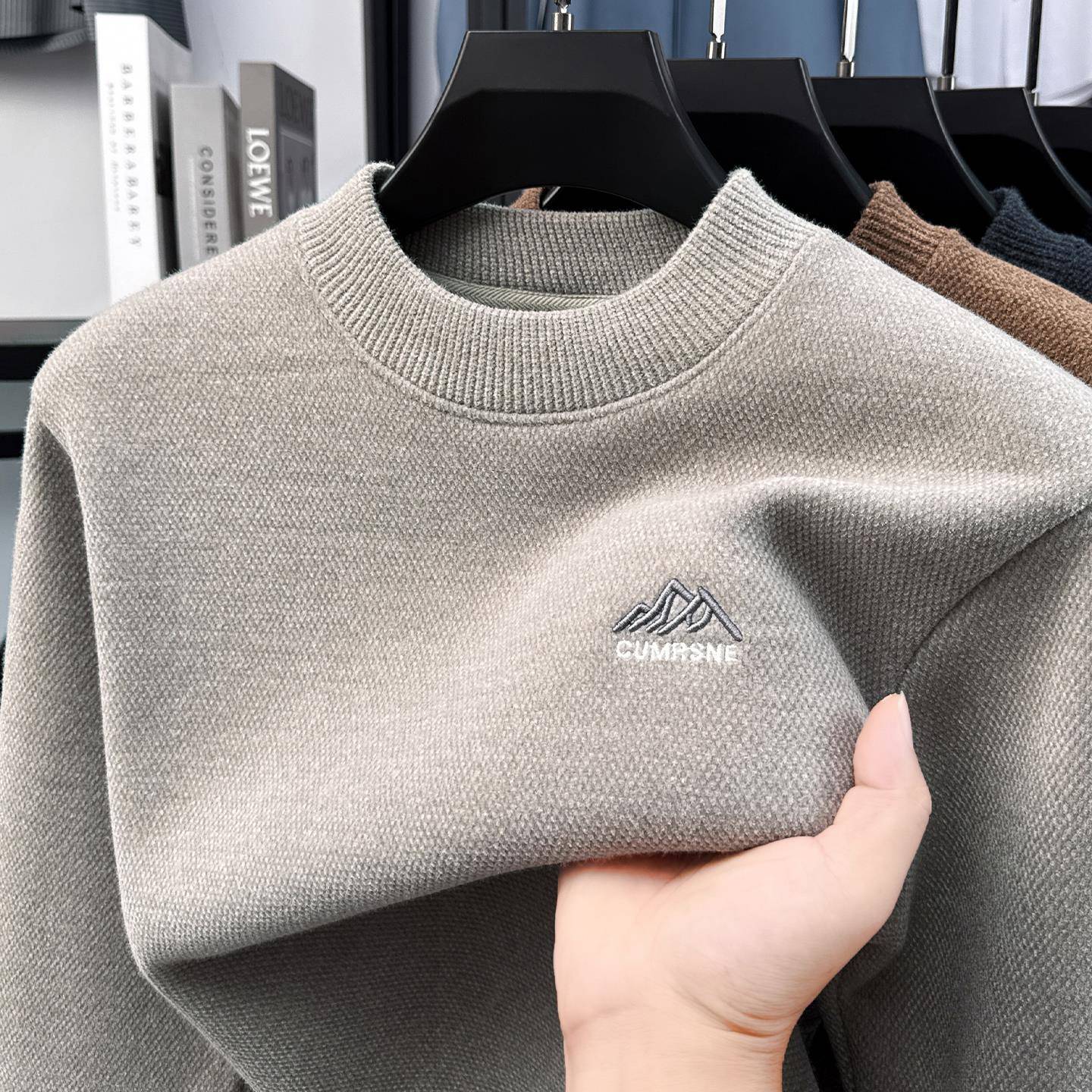 MAROLIO~高端刺绣保暖针织打底衫男秋冬季加绒加厚圆领毛衣男卫衣