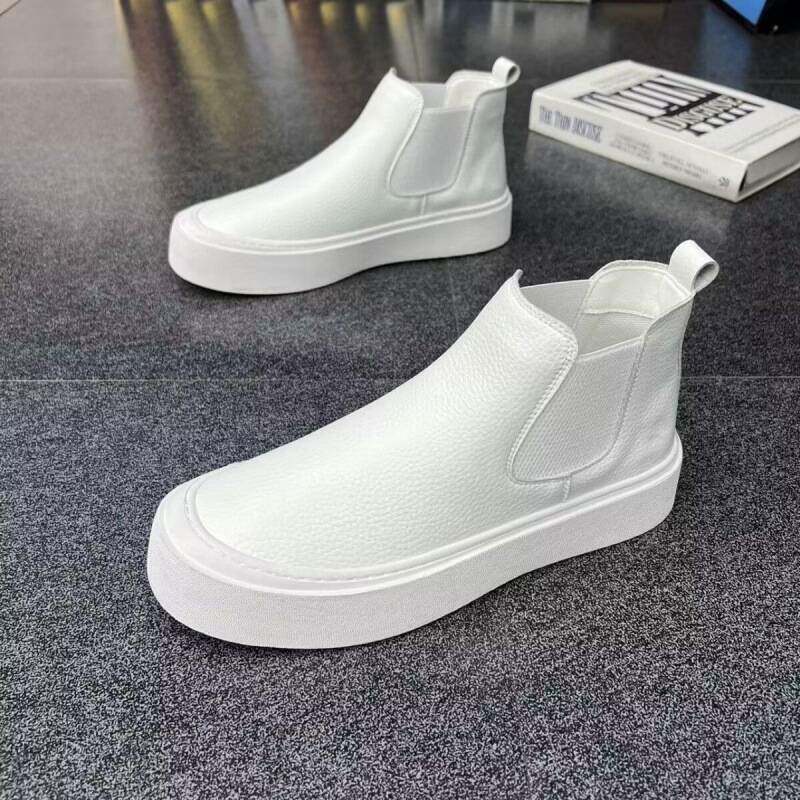 白色高帮鞋男真皮冬新款加绒棉鞋小白鞋男短靴板鞋增高休闲马丁靴