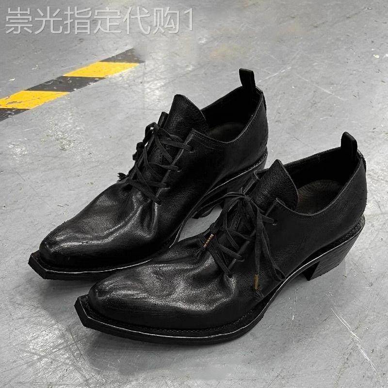 英国&奢品~小众翘头模特巫师鞋男尖头皮鞋高跟厚底德比鞋增高休闲图片
