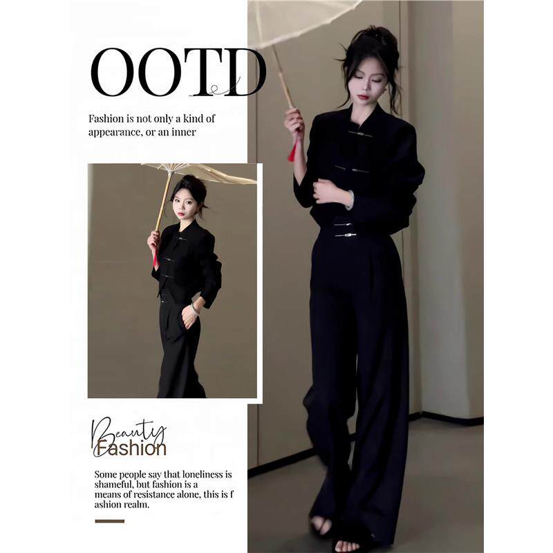 香港2025春装新中式套装女士覆古气质西装短外套直筒拖地裤两件套