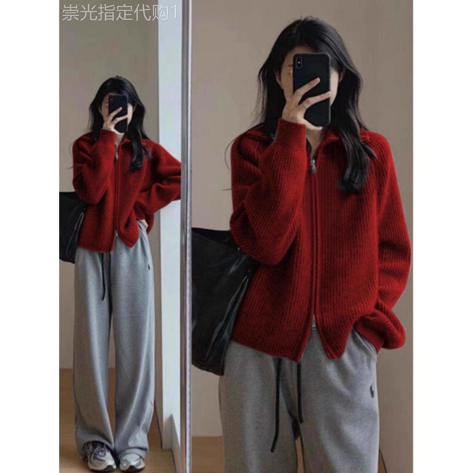 红色毛衣外套女2025秋冬穿搭慵懒风软糯针织开衫宽松外穿翻领上衣