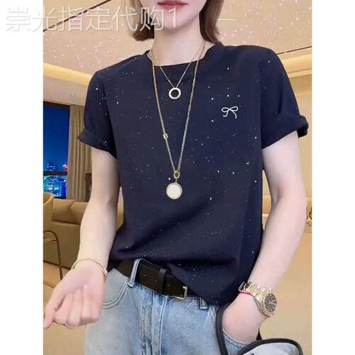 满天星烫钻纯棉短袖T恤女夏季2026新款高级感洋派圆领显瘦上衣潮
