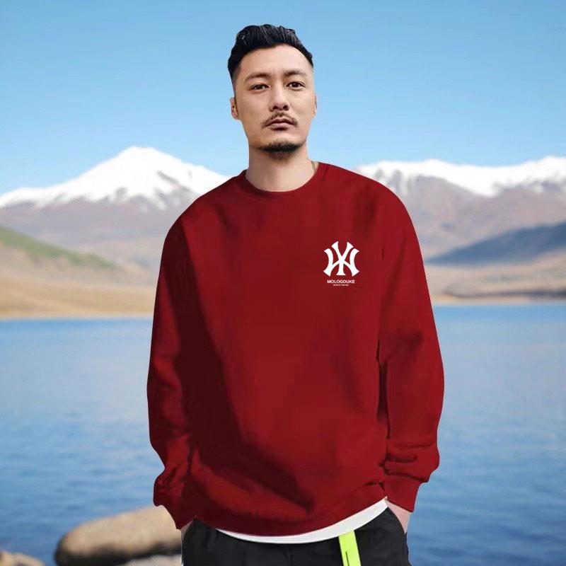 潮牌酒红色圆领卫衣男女春薄款宽松纯棉上衣秋冬加绒百搭情侣套头