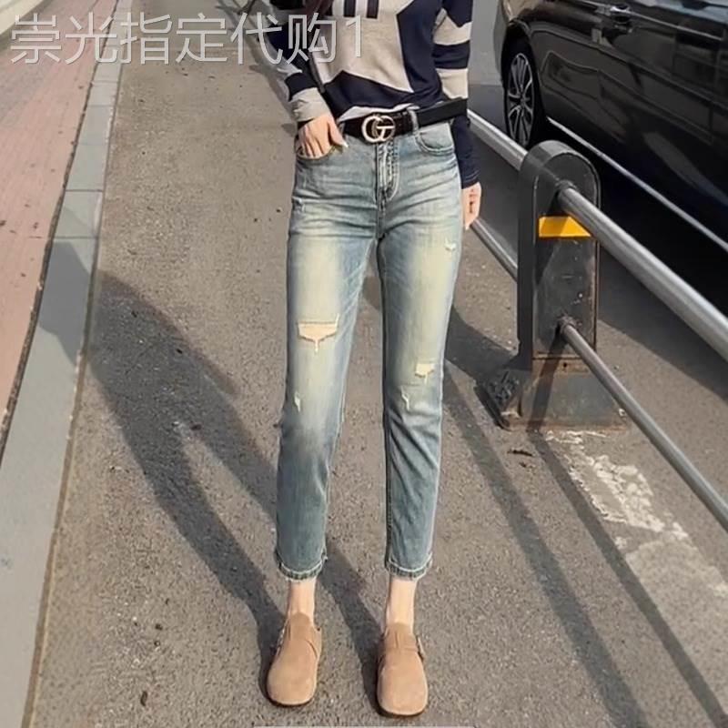 破洞直筒牛仔裤女夏季薄款2026新款小个子高腰修身显瘦窄版烟管裤