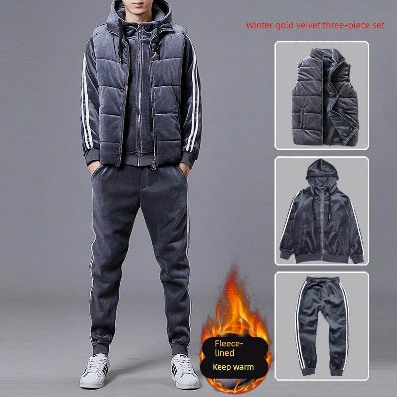 高端金丝绒休闲运动套装男秋冬季新款加绒加厚情侣连帽卫衣三件套