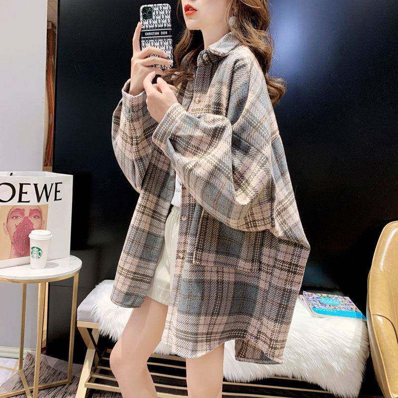 潮牌毛呢衬衣设计感小众2025春秋季格子衬衫女中长款百搭长袖上衣