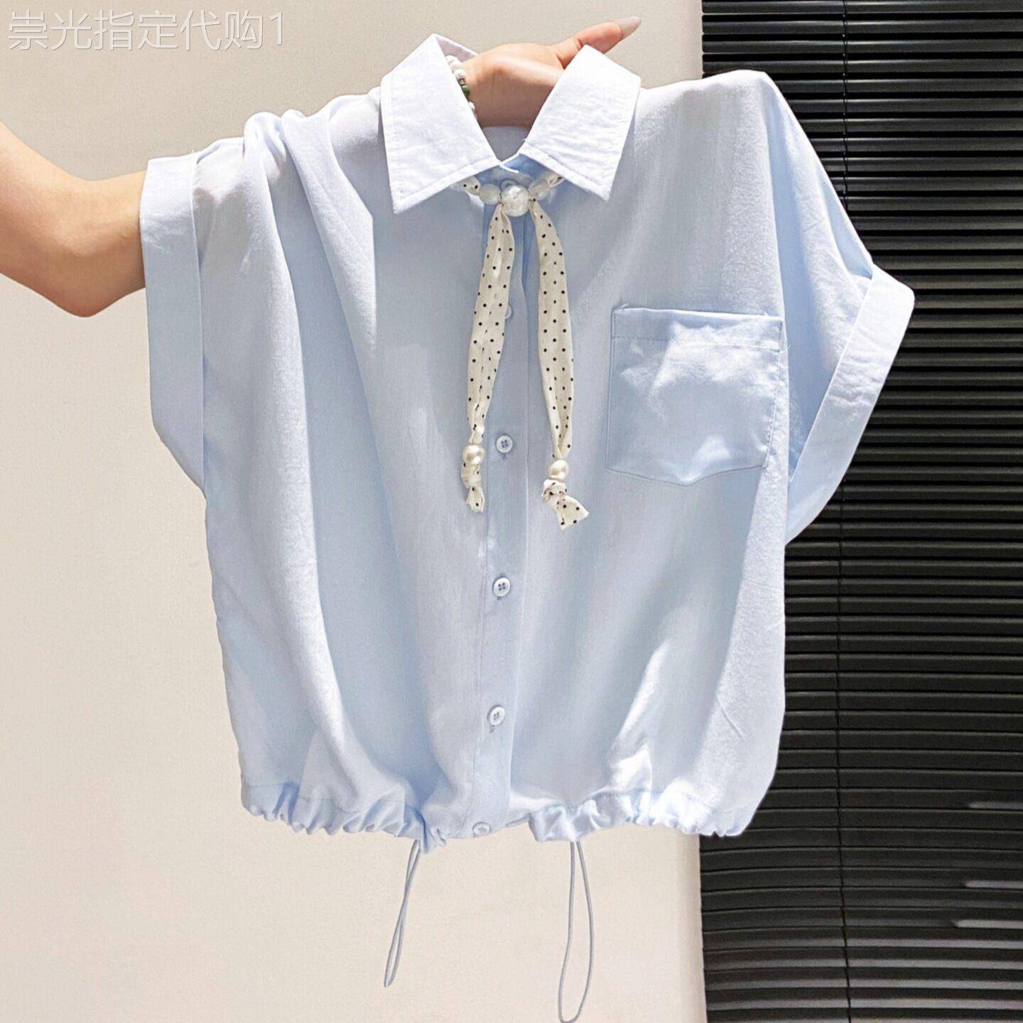 专柜设计感波点丝带翻领短袖衬衫女夏季新款抽绳收腰显瘦短款上衣