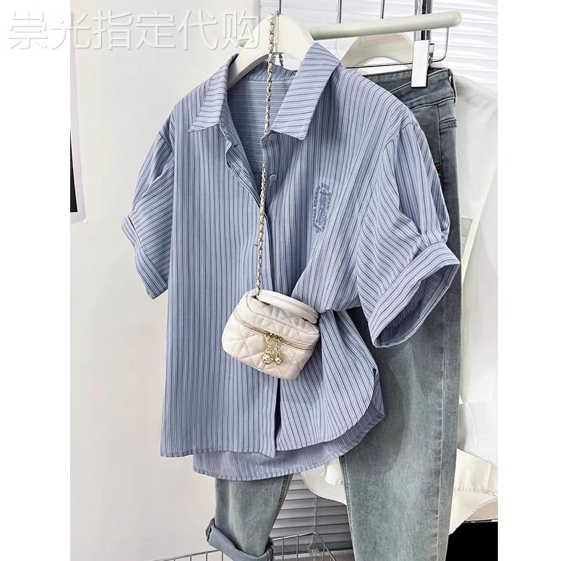 条纹蓝色刺绣正肩短袖衬衫女夏季设计感小众polo衬衣休闲宽松上衣