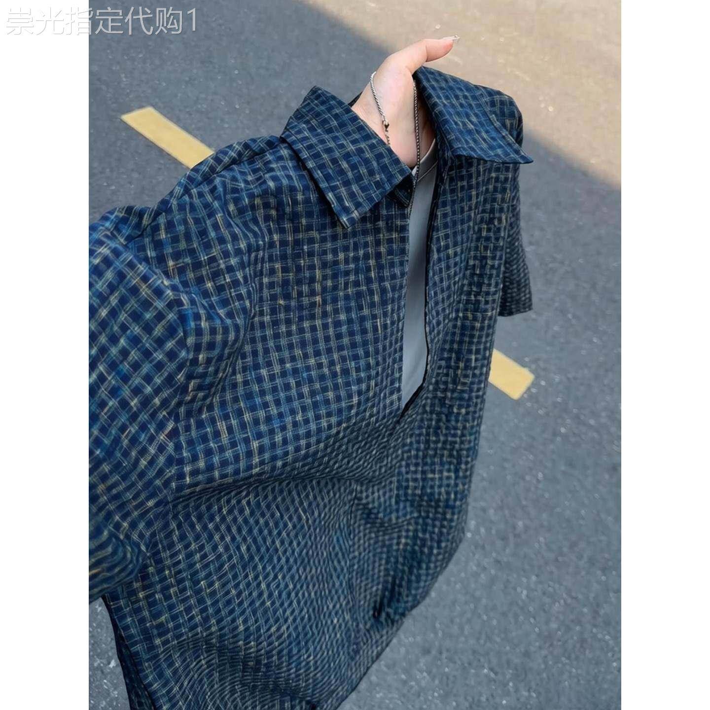 藏青色条纹短袖衬衫男款夏季假两件高级感半袖衬衣正肩半截袖上衣