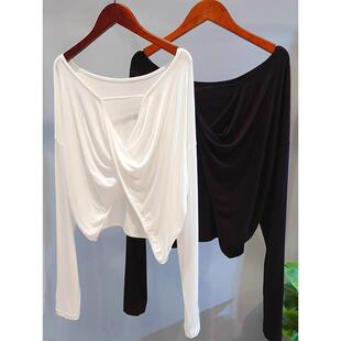 白色性感露背长袖T恤女春秋欧洲站防晒美背宽松瑜伽舞蹈百搭上衣