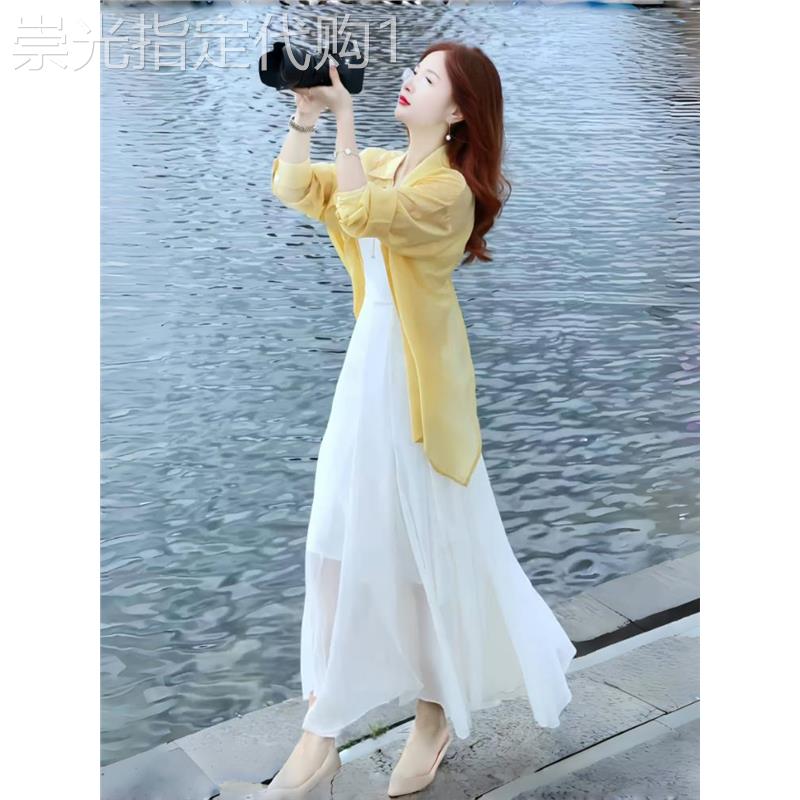 洋派海边度假洋装女夏季欧货冰丝防晒衬衫小披肩吊带裙两件式套装