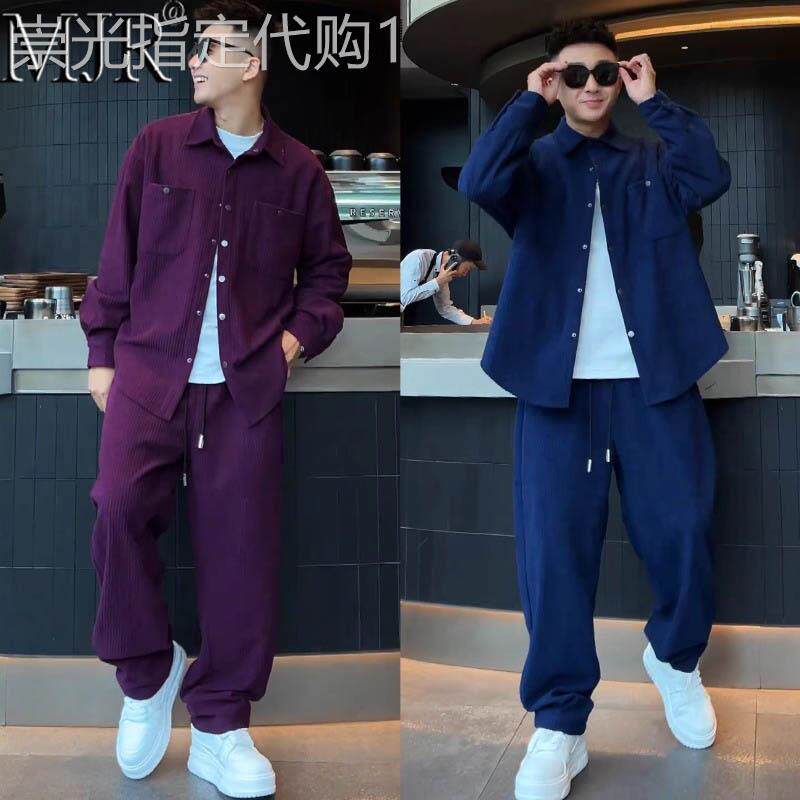 休闲运动套装男春季新款潮牌痞帅时尚翻领衬衫休闲裤男装搭配一套