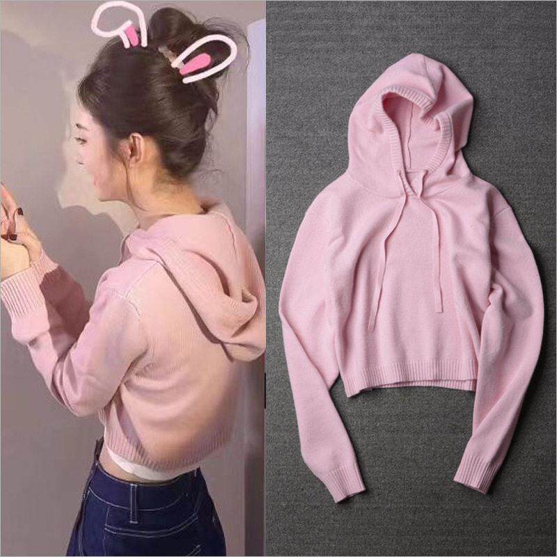2025春秋季新款明星同款粉色休闲针织衫短款套头连帽上衣女生卫衣