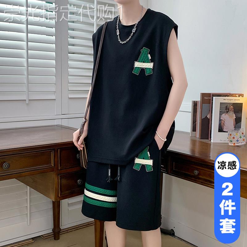 冰丝运动套装男士夏季潮牌宽松休闲无袖t恤背心夏天跑步衣服一套