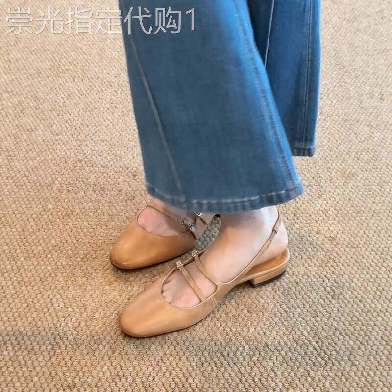 法式复古包头低跟后绊带凉鞋女平底软皮百搭后空通勤玛丽珍单鞋潮