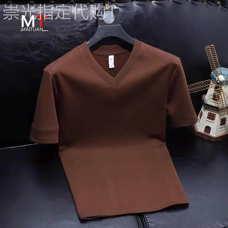 高端纯色V领短袖T恤男士2026年新款夏季鸡心领修身半袖上衣服男款