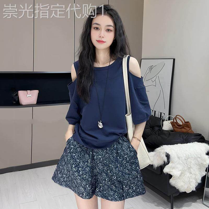 露肩短袖t恤女夏季薄款2025新款宽松大码显瘦设计感半袖体恤上衣