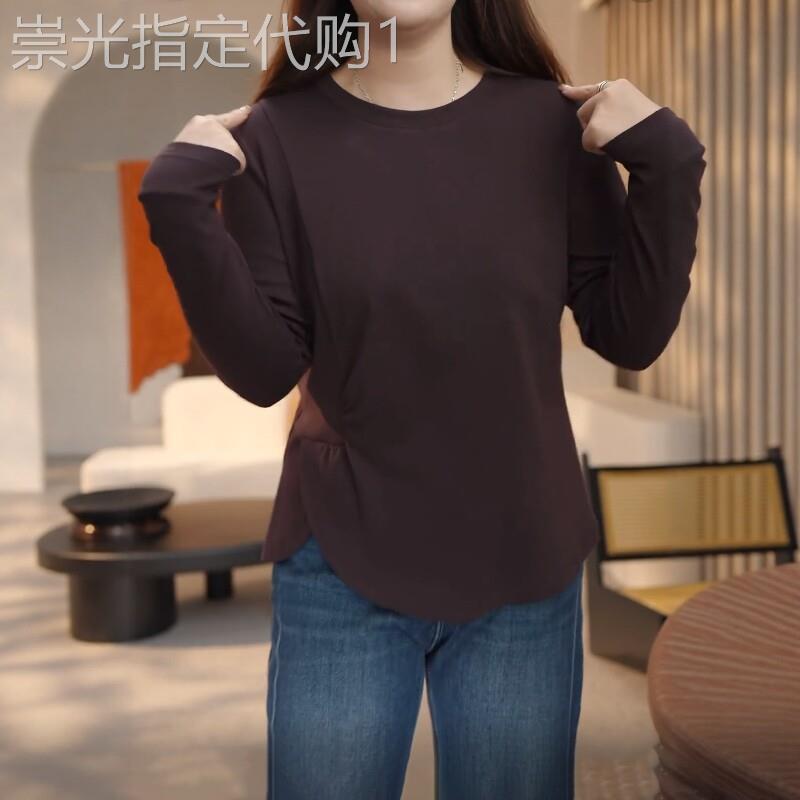 韩国大码女装不规则纯棉正肩长袖t恤秋季胖mm收腰巨显瘦内搭上衣