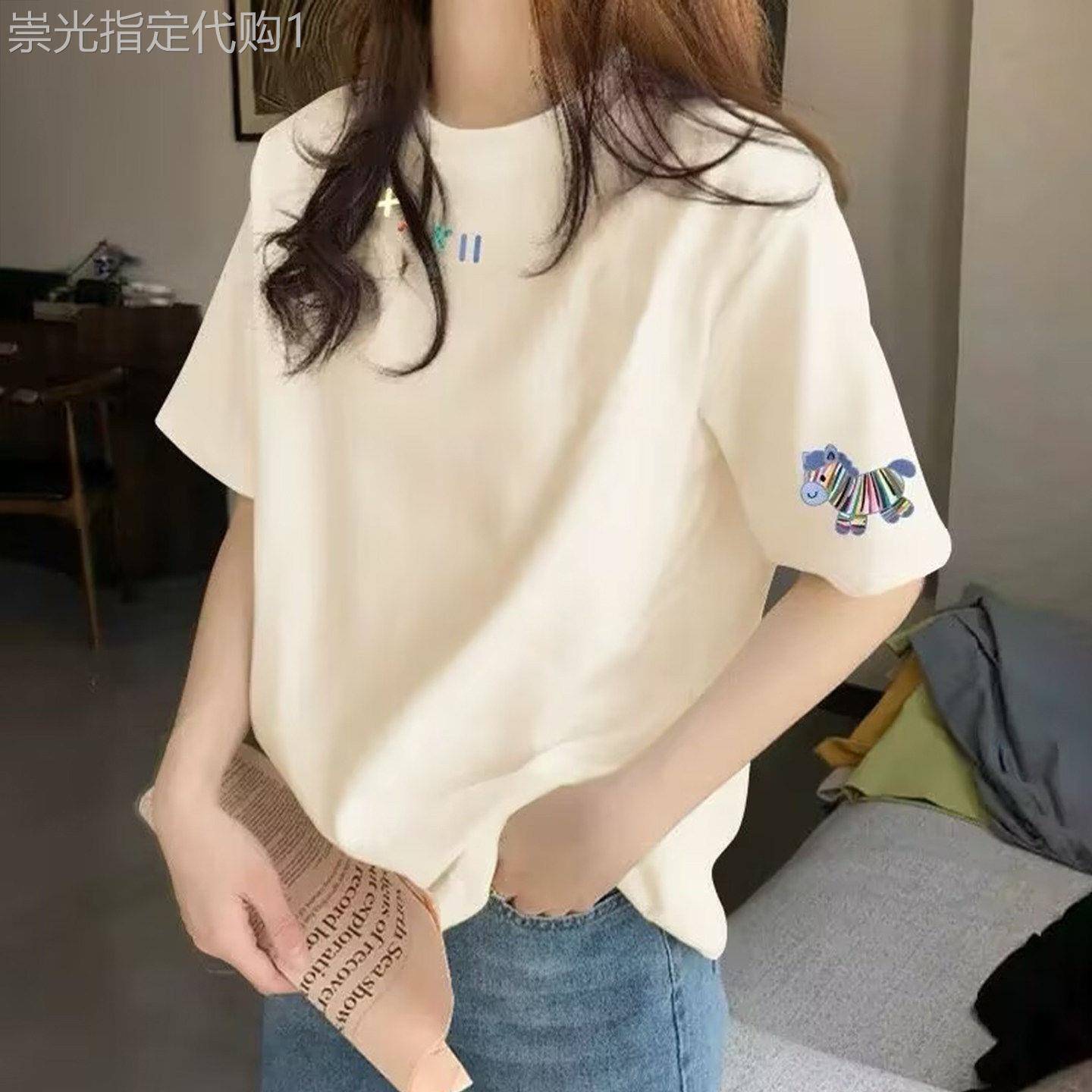 正肩杏色纯棉短袖t恤女夏季宽松2026新款爆款设计感洋气体恤上衣