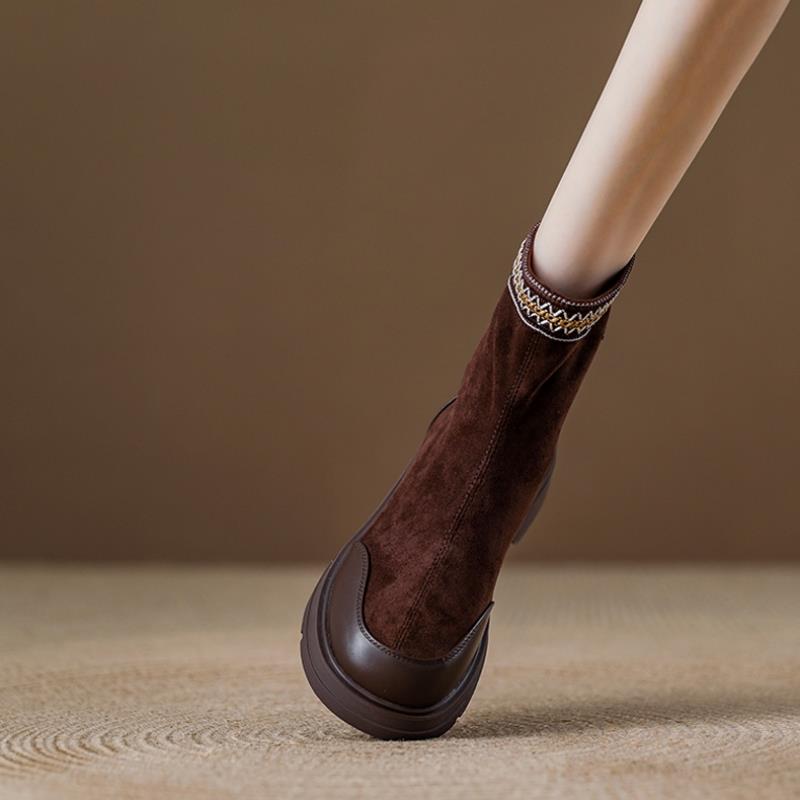 西班牙小众品牌ONGYSL弹力瘦瘦靴女厚底时装短靴绒面覆古马丁靴女