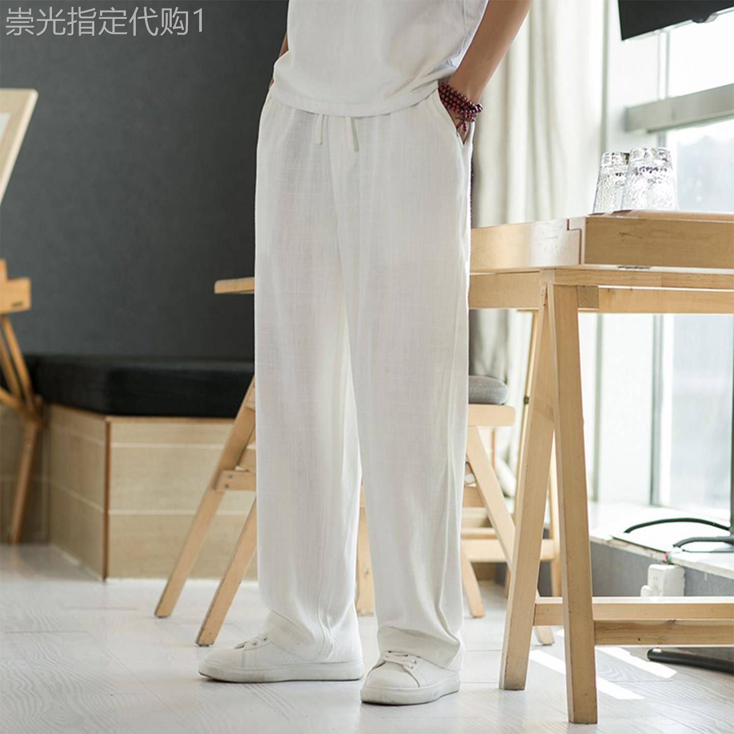 MK亚麻白色休闲裤男夏季2026年薄款高端潮牌宽松阔腿百搭男士长裤