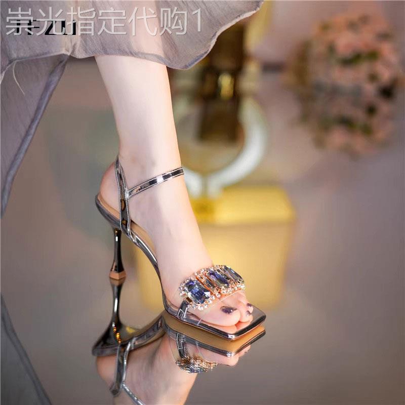 一字带水钻金色方头凉鞋女2025夏季新款仙女风露趾性感闪闪高跟鞋