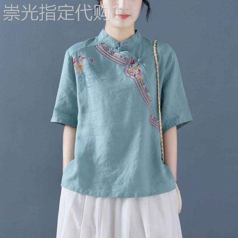 棉麻衬衫女士短袖夏季薄款2025新款大码中式国风盘扣改良旗袍上衣