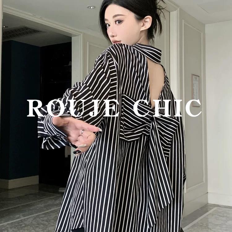法国rouje chic法式美背镂空蝴蝶结条纹衬衫女春季不规则别致上衣