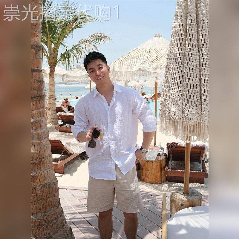 轻奢白色亚麻长袖衬衫男款2026夏季轻熟风穿搭宽松防晒衬衫外套潮