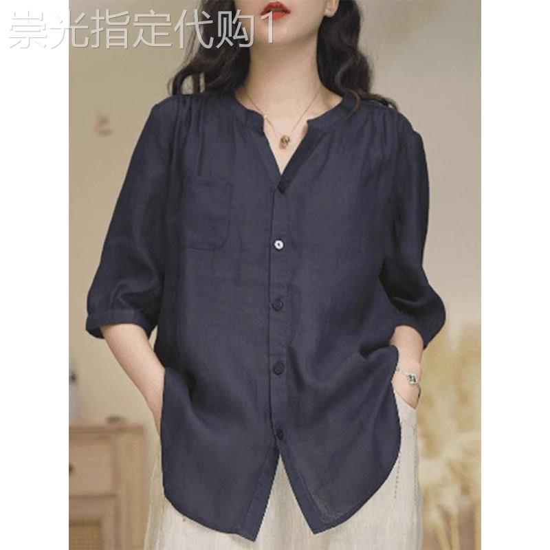 棉麻衬衫女短袖夏季薄款2025新款高级感洋气大码亚麻半袖t恤上衣