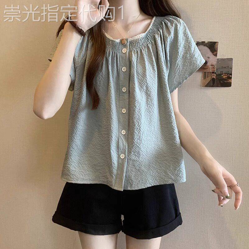 法式方领短袖衬衫女夏季2026新款设计感小众时尚减龄短款雪纺上衣