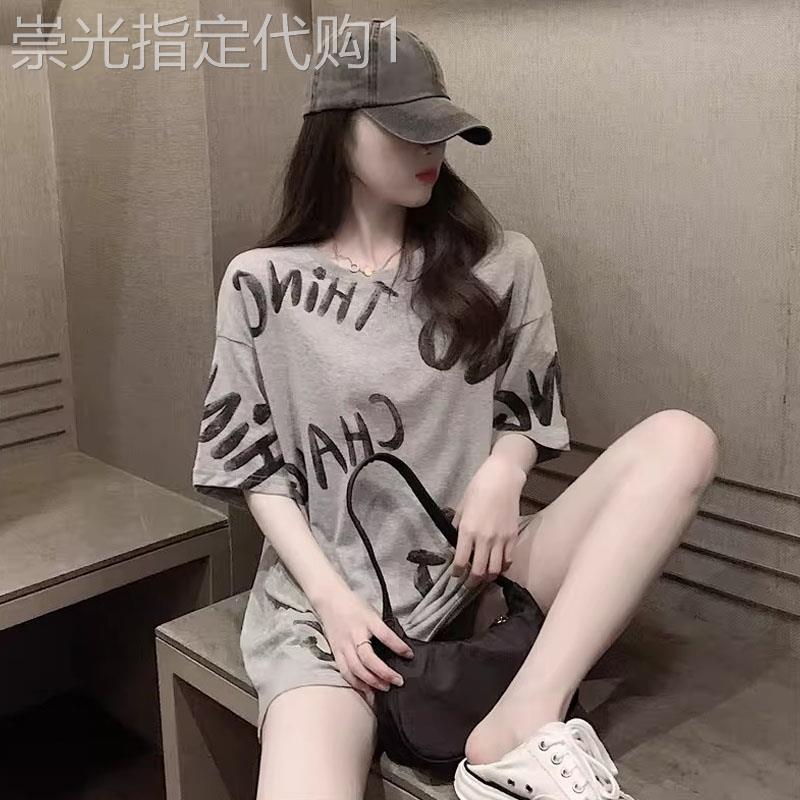潮牌复古印花上衣女夏季欧货新款宽松大版中长灰色字母短袖T恤裙
