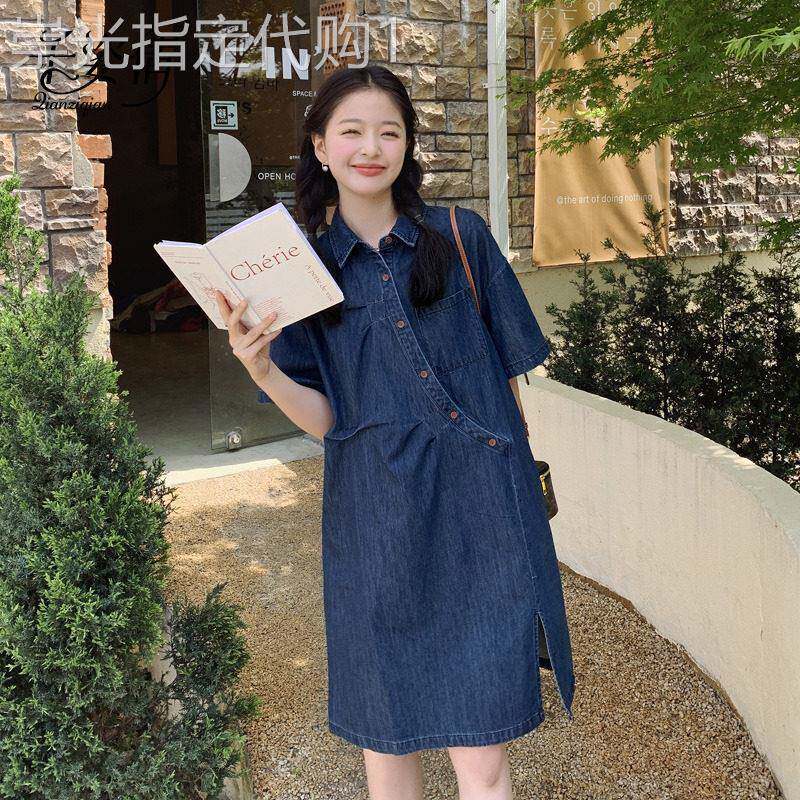 港风复古牛仔洋装女夏季2026新款小众设计感斜襟宽松衬衫裙子