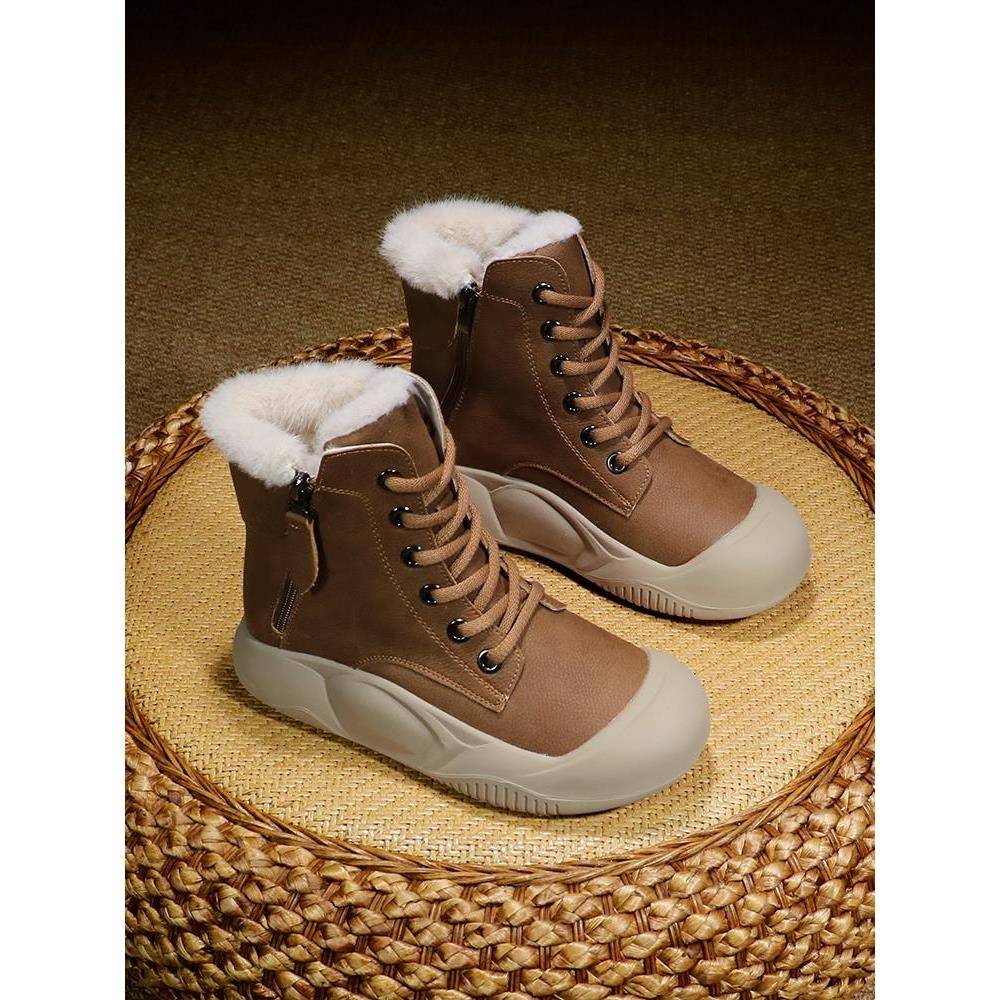 香港高帮鞋平底2025新款秋季短靴加绒棉鞋大码女鞋兔毛真皮雪地靴