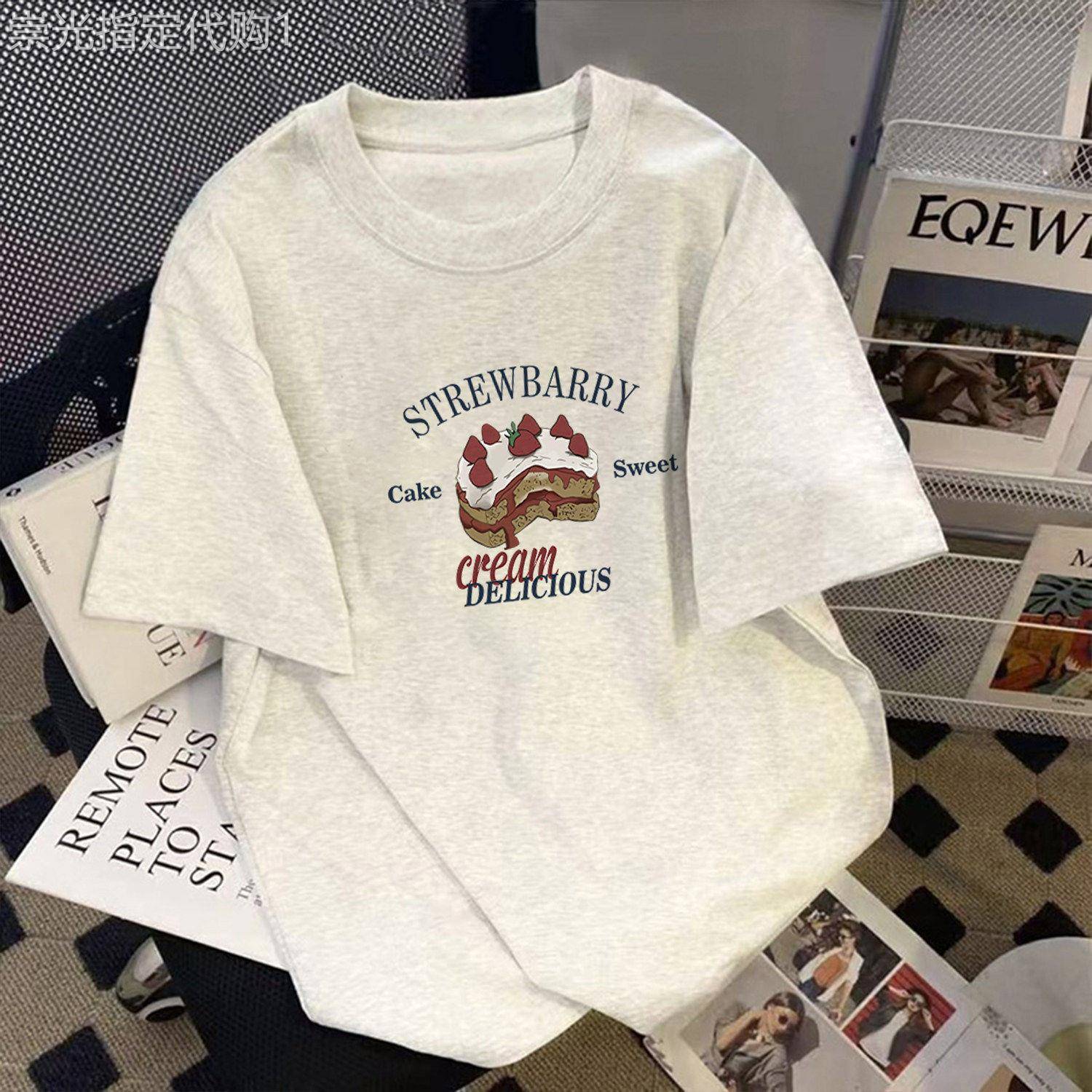 白灰色全棉短袖t恤女装中长版2026夏新款宽松卡通印花半袖上衣服