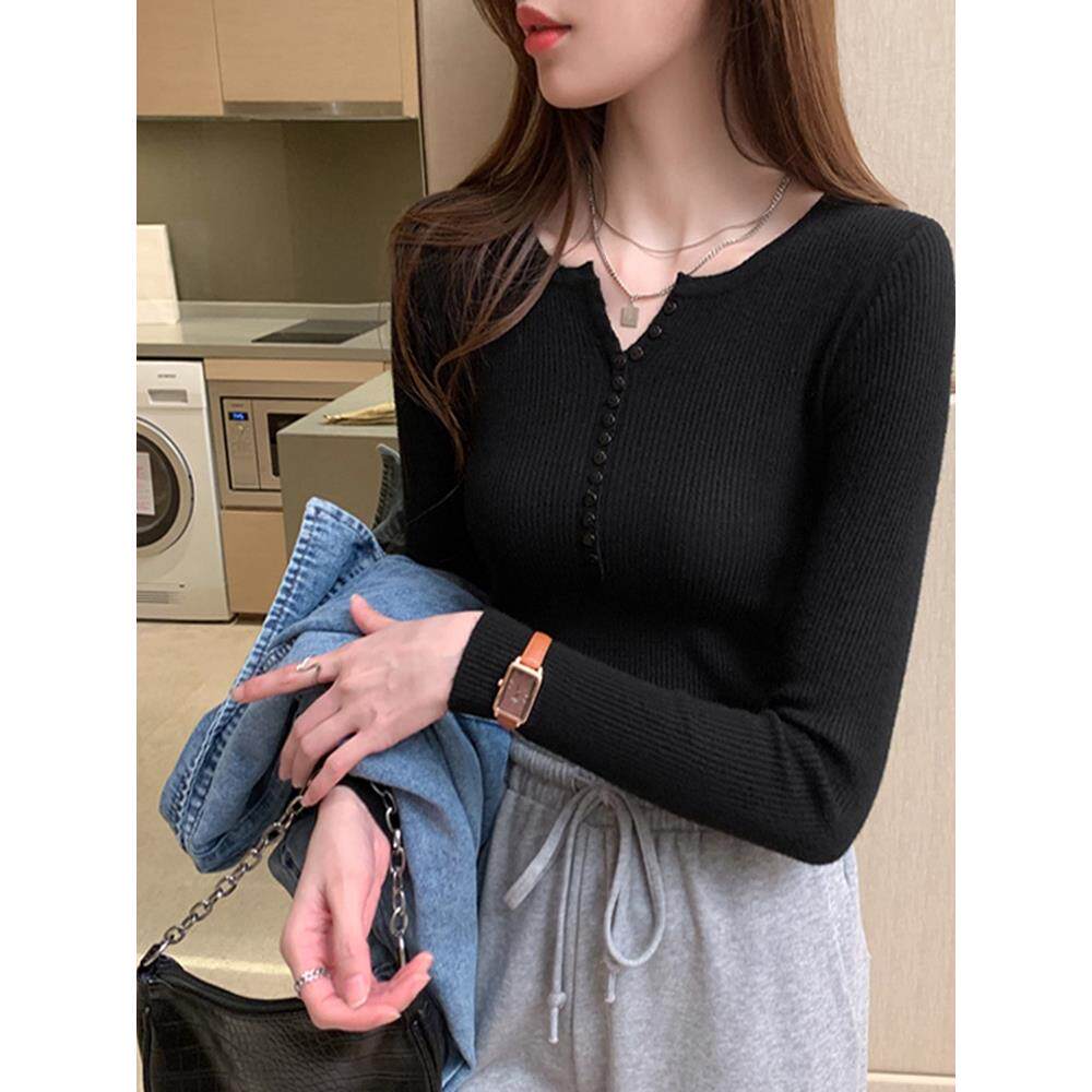 藏不住的舒适!黑色针织打底衫女秋季薄款修身长袖内搭v领毛衣上衣