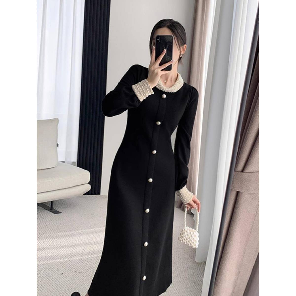 Muamy秋冬法国名媛高端小黑裙可达奢华重工业串珠细腰针织裙