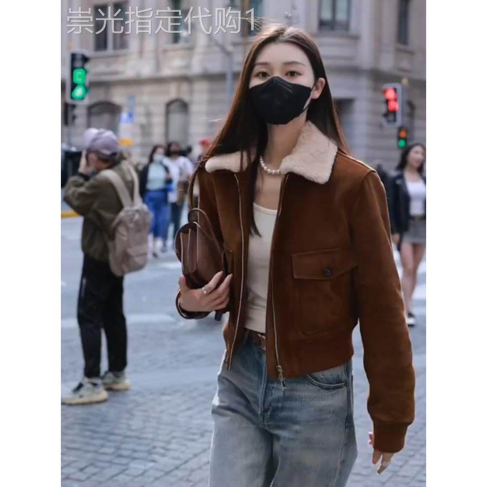 2025秋冬新款爆款小个子短款棕色麂皮绒小香风毛领外套女冬季加厚